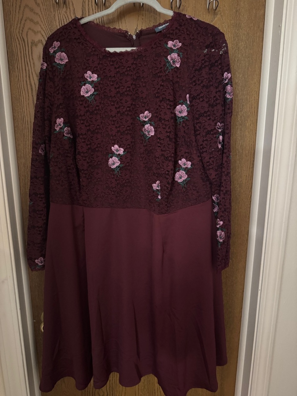 Modcloth Burgundy Lace Dress with Pink Floral Embroidery